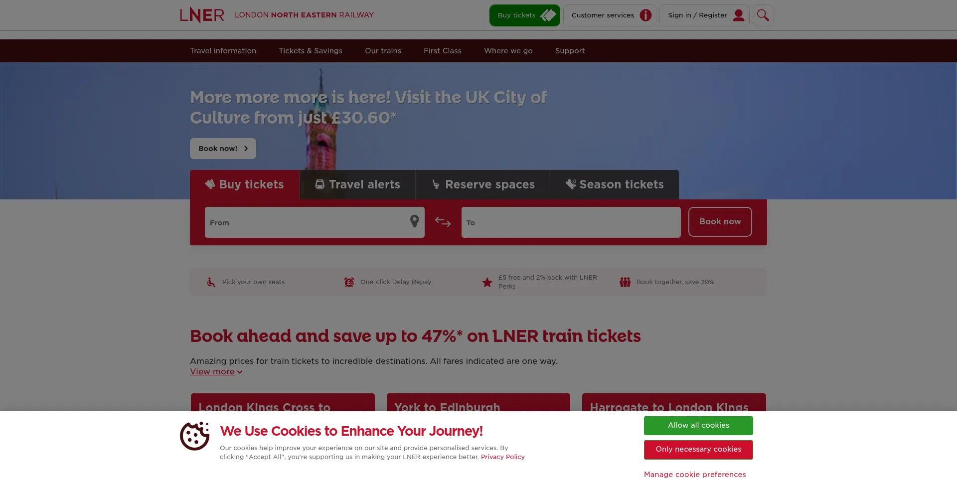 Website screenshot of Lner.co.uk