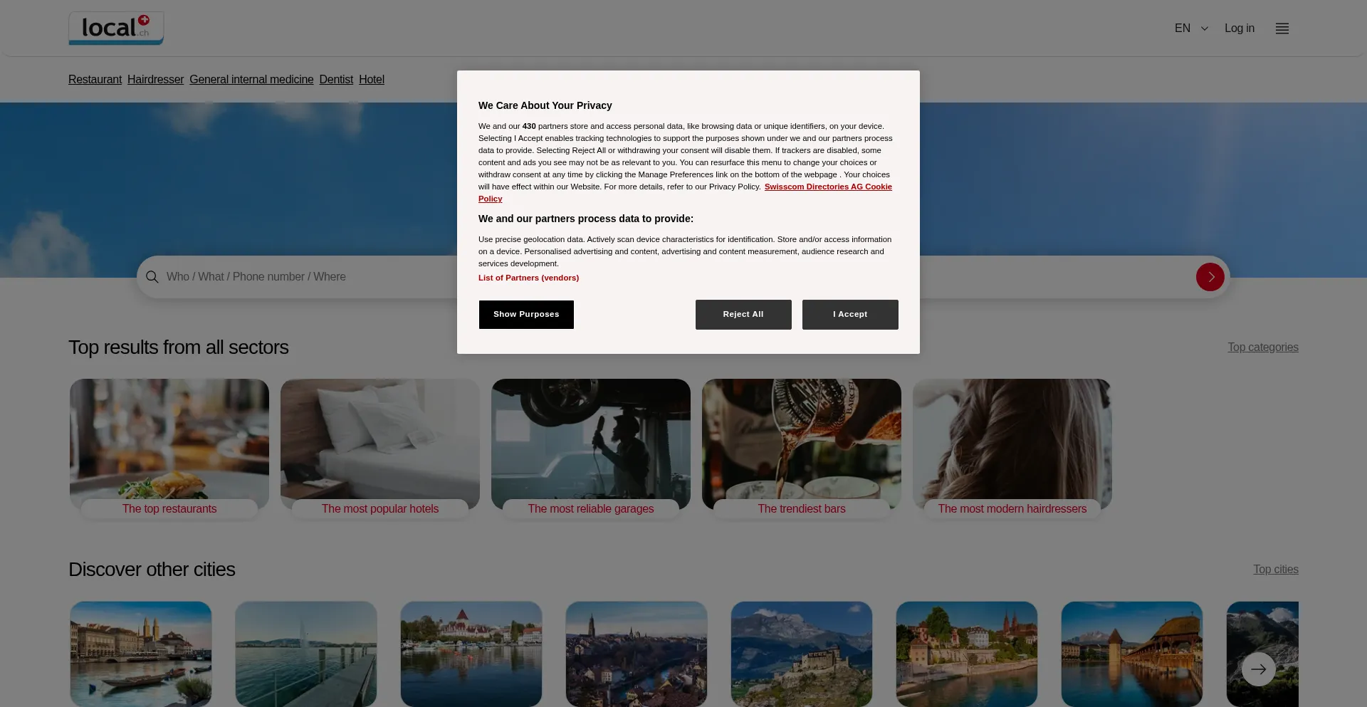 Website screenshot of Local.ch