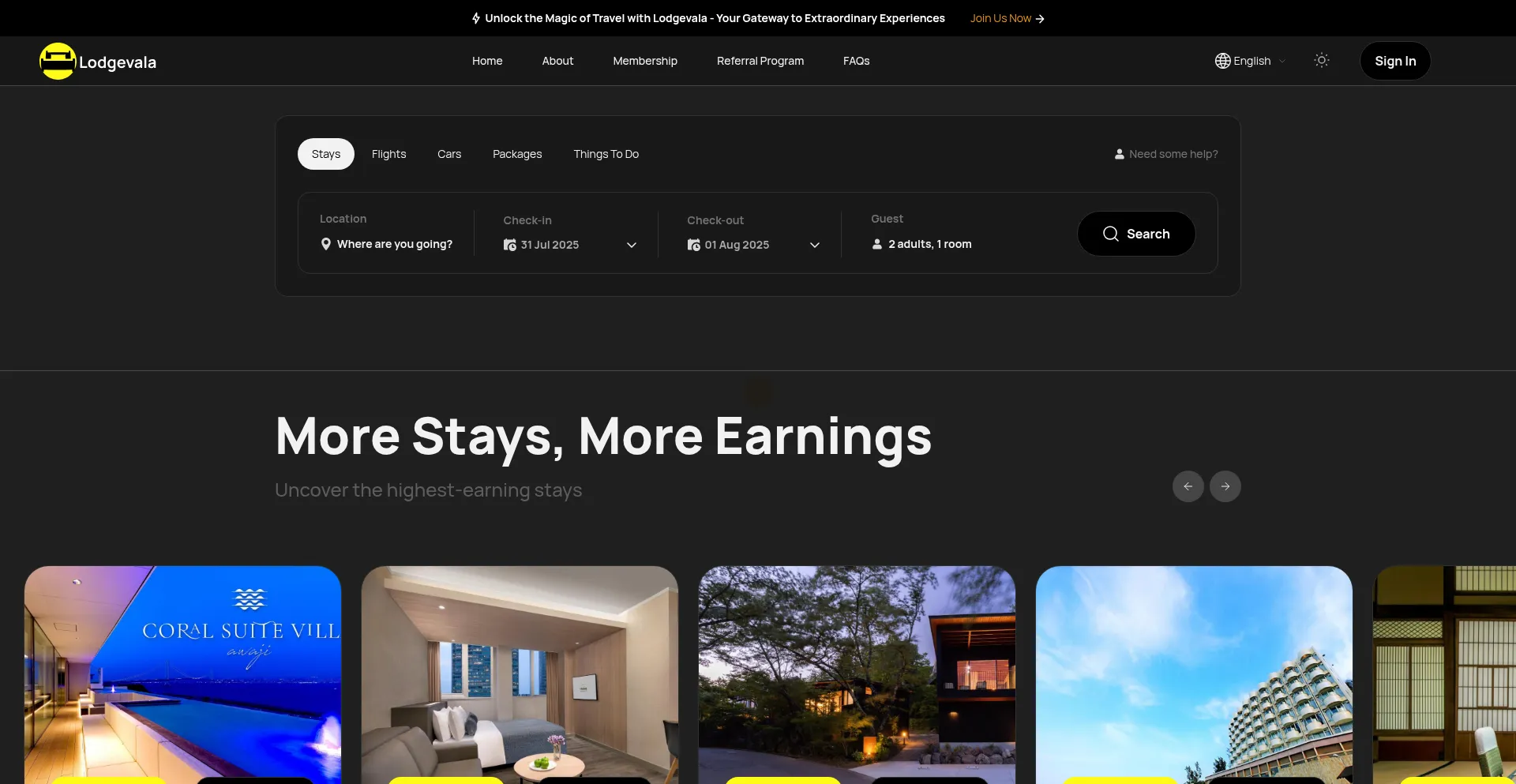 Website screenshot of Lodgevala.com
