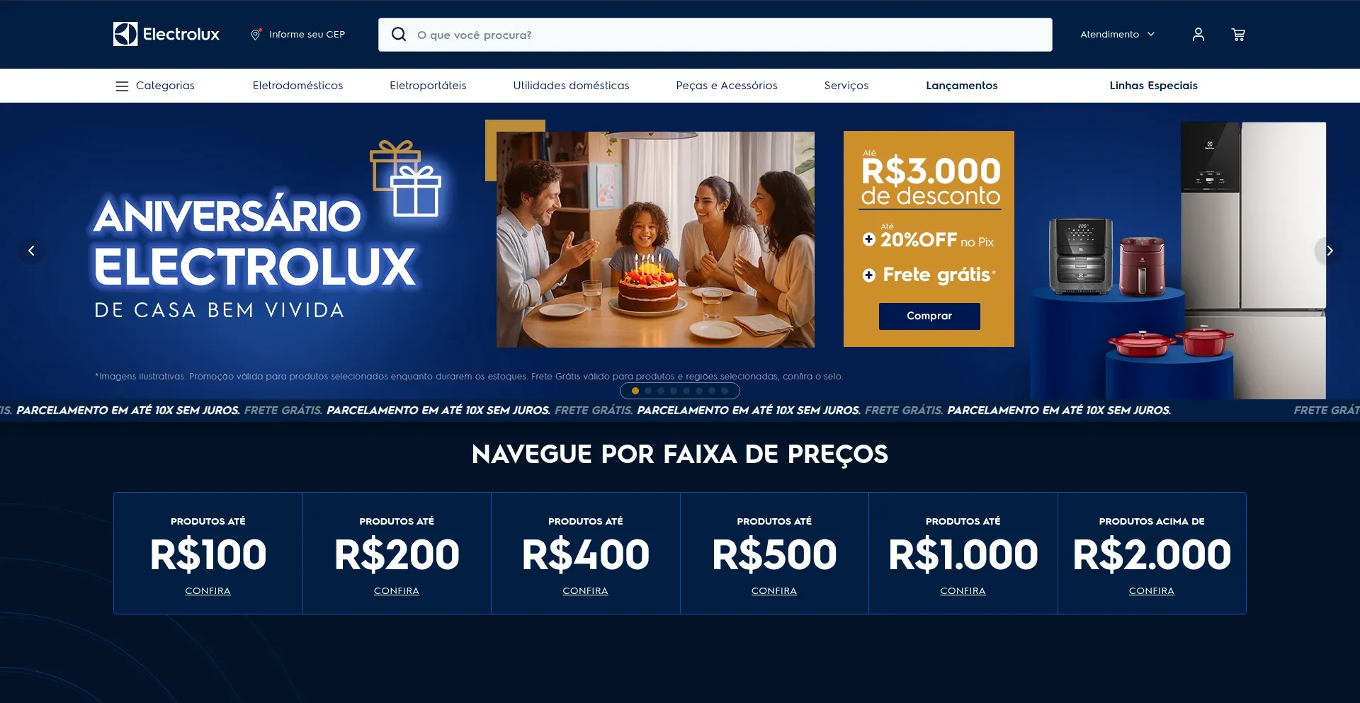 Website screenshot of Loja.electrolux.com.br