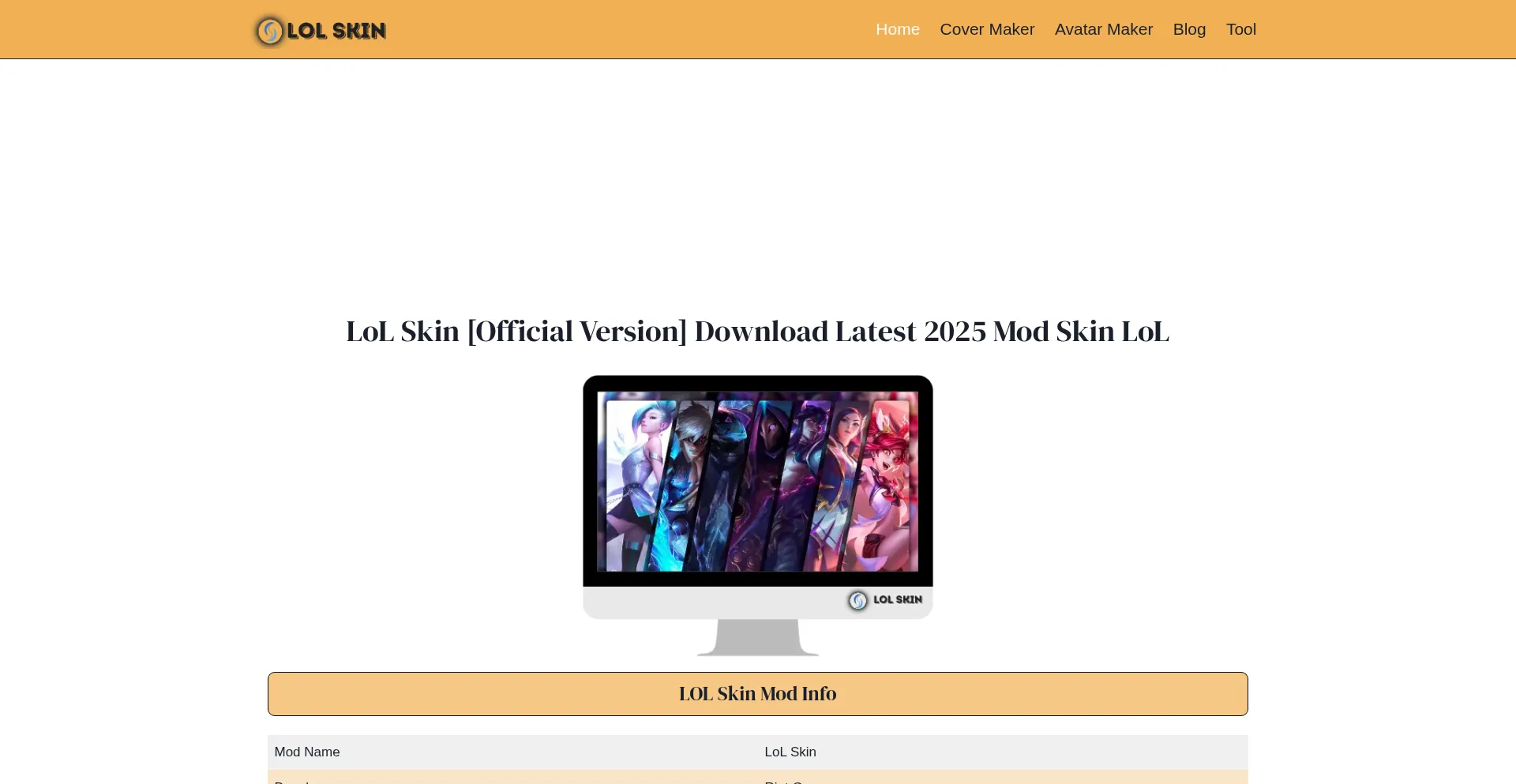 Website screenshot of Lolskinsapk.com