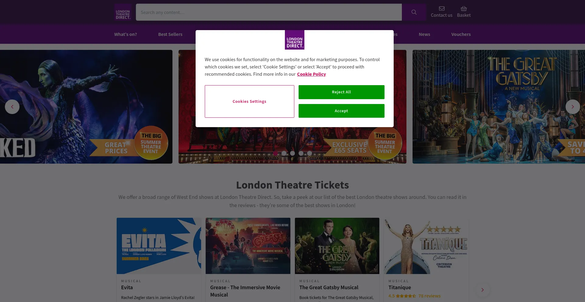 Website screenshot of Londontheatredirect.com