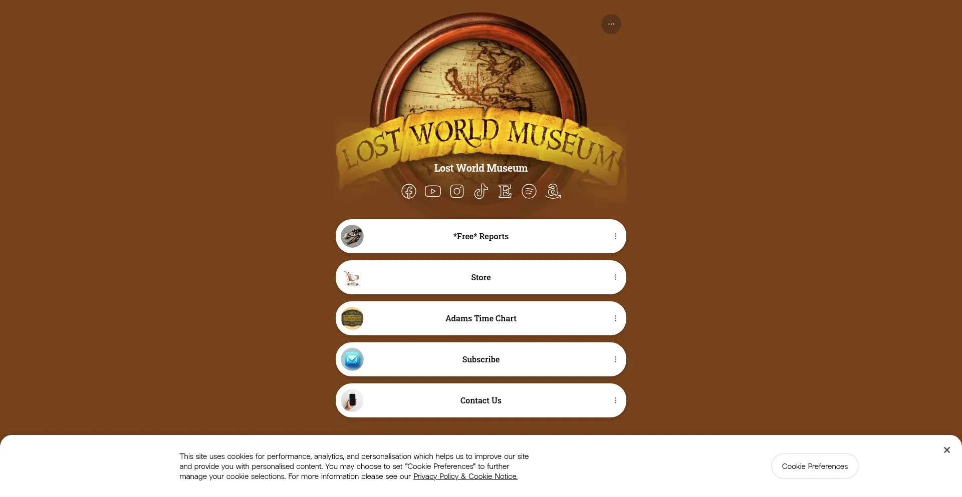 Website screenshot of Lostworldmuseum.com