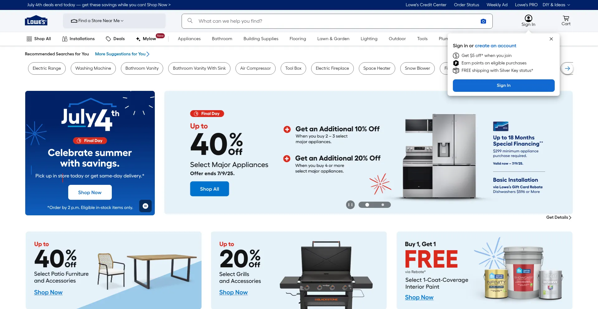 Website screenshot of Lowes.com