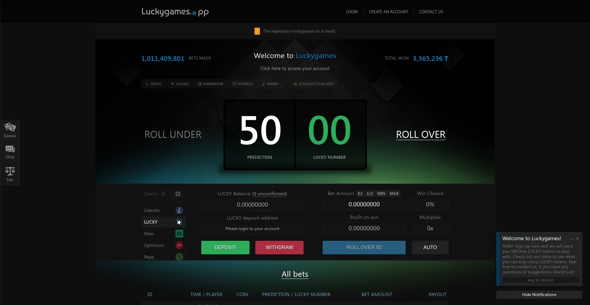 Website screenshot of Luckygames.io