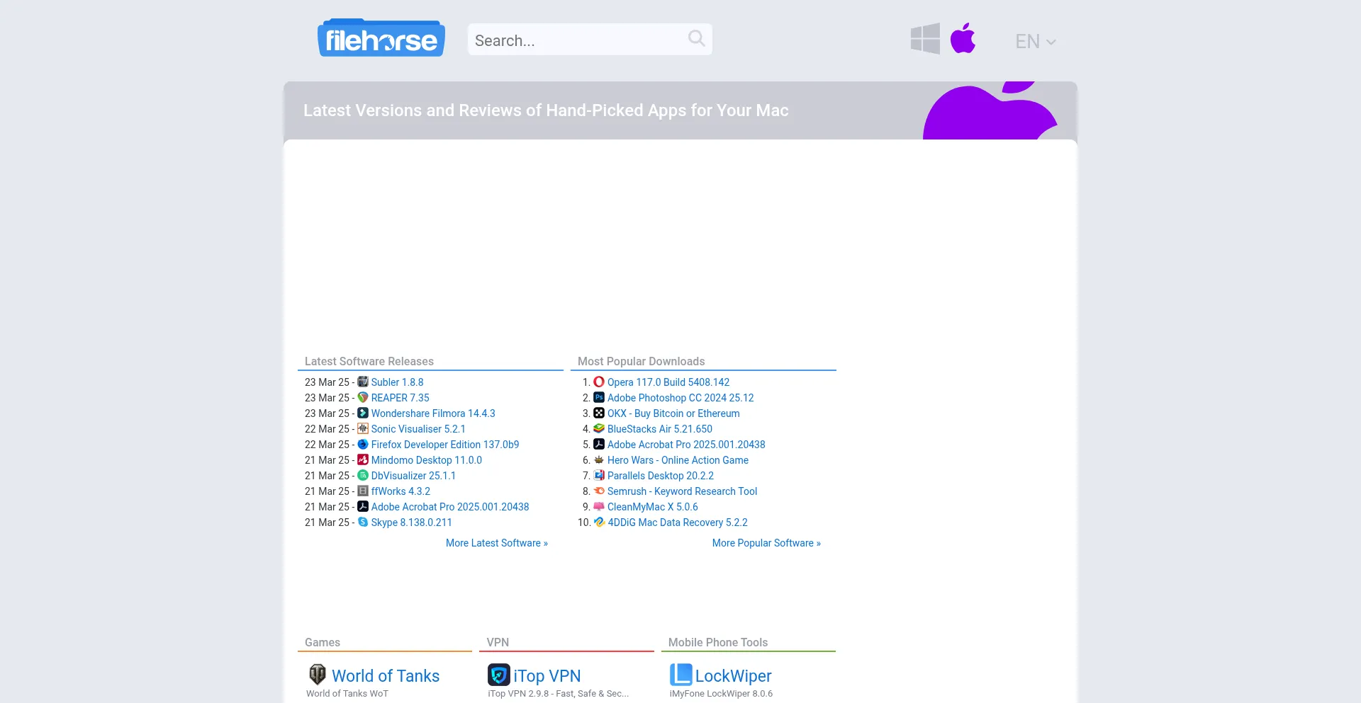 Website screenshot of Mac.filehorse.com