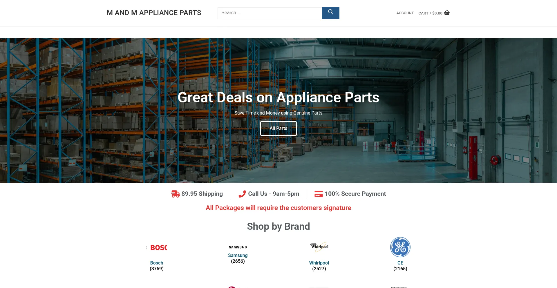 Website screenshot of Mandmapplianceparts.com