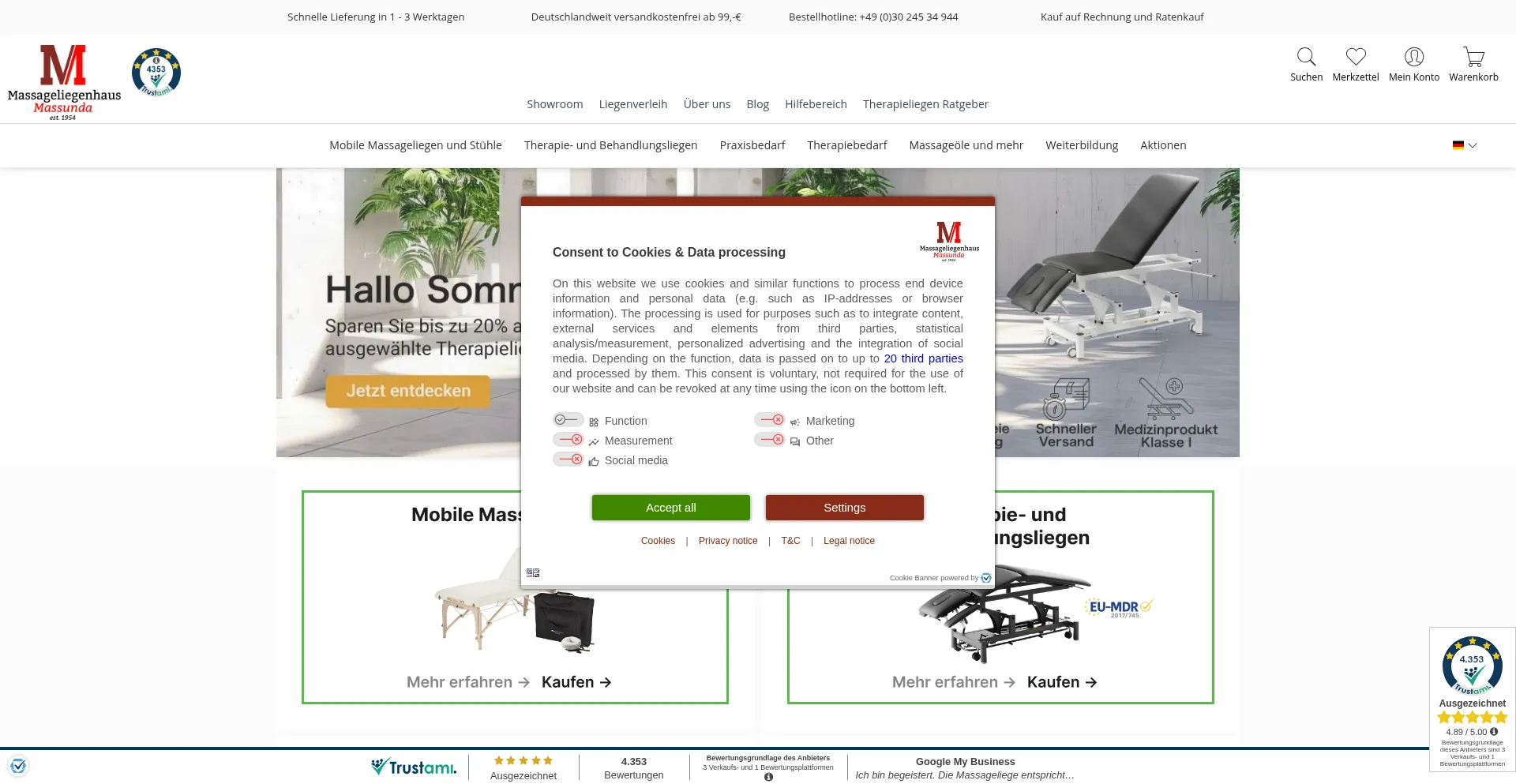Website screenshot of Massageliegenhaus.com