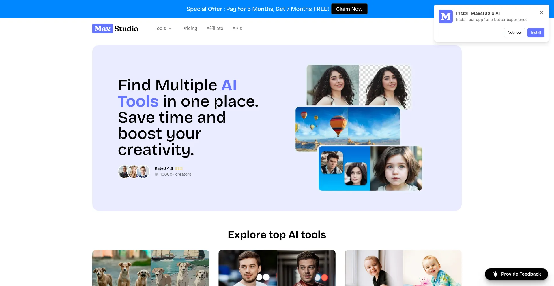 Website screenshot of Maxstudio.ai