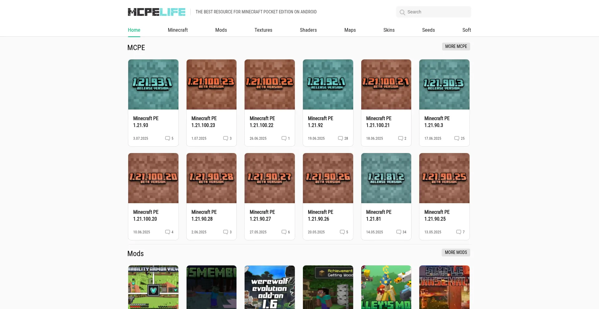 Website screenshot of Mcpelife.com