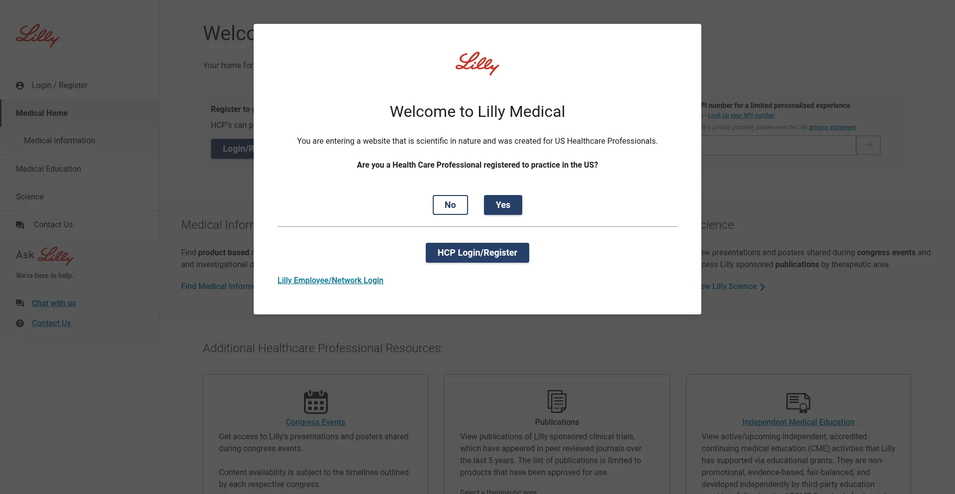 Website screenshot of Medical.lilly.com