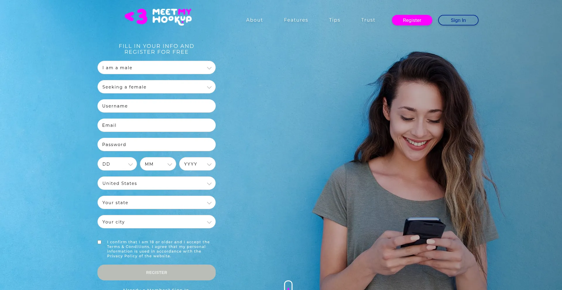 Website screenshot of Meetmyhookup.com