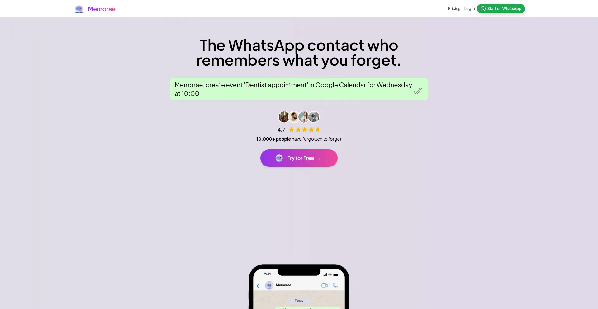 Website screenshot of Memorae.ai