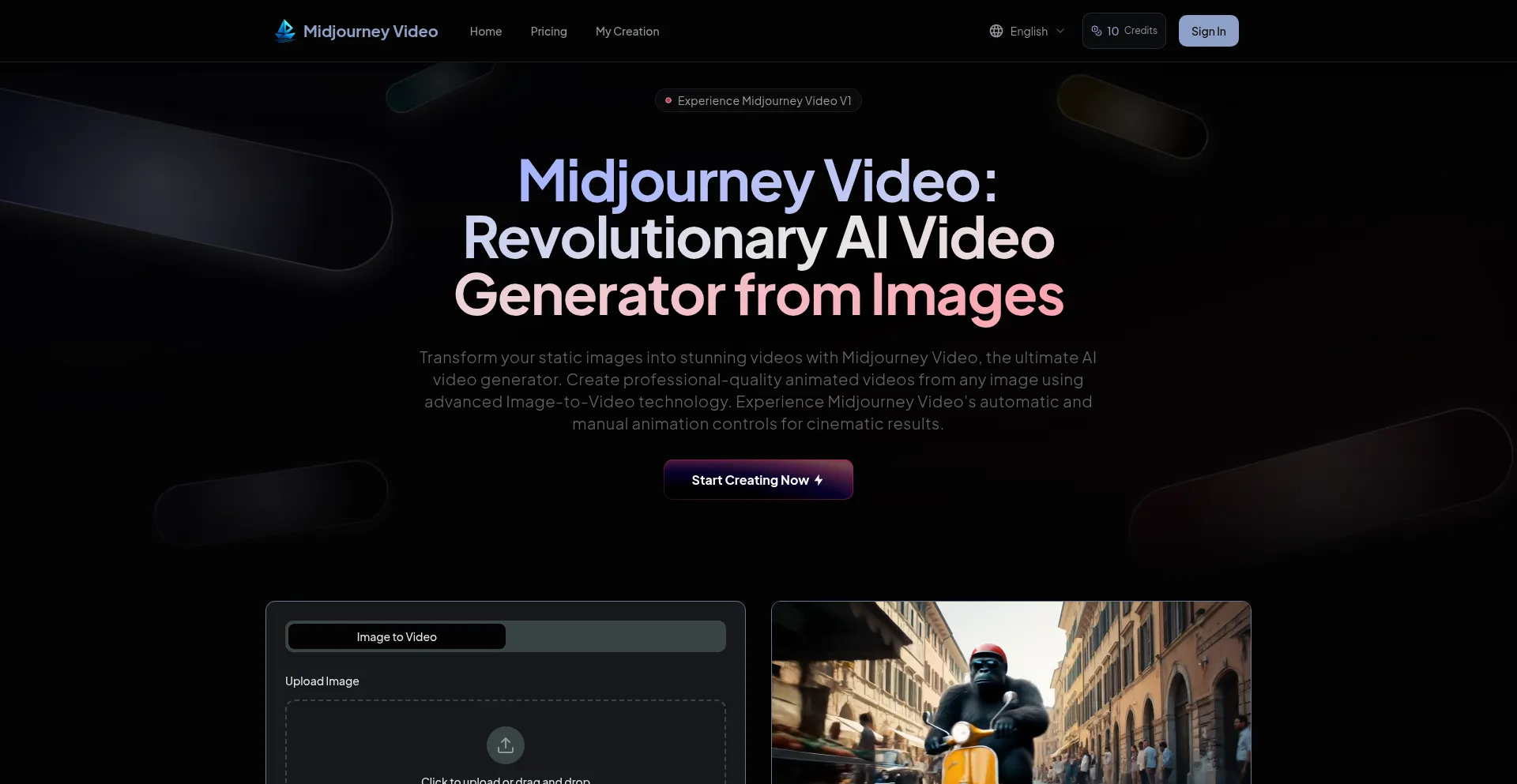 Website screenshot of Midjourneyvideo.ai