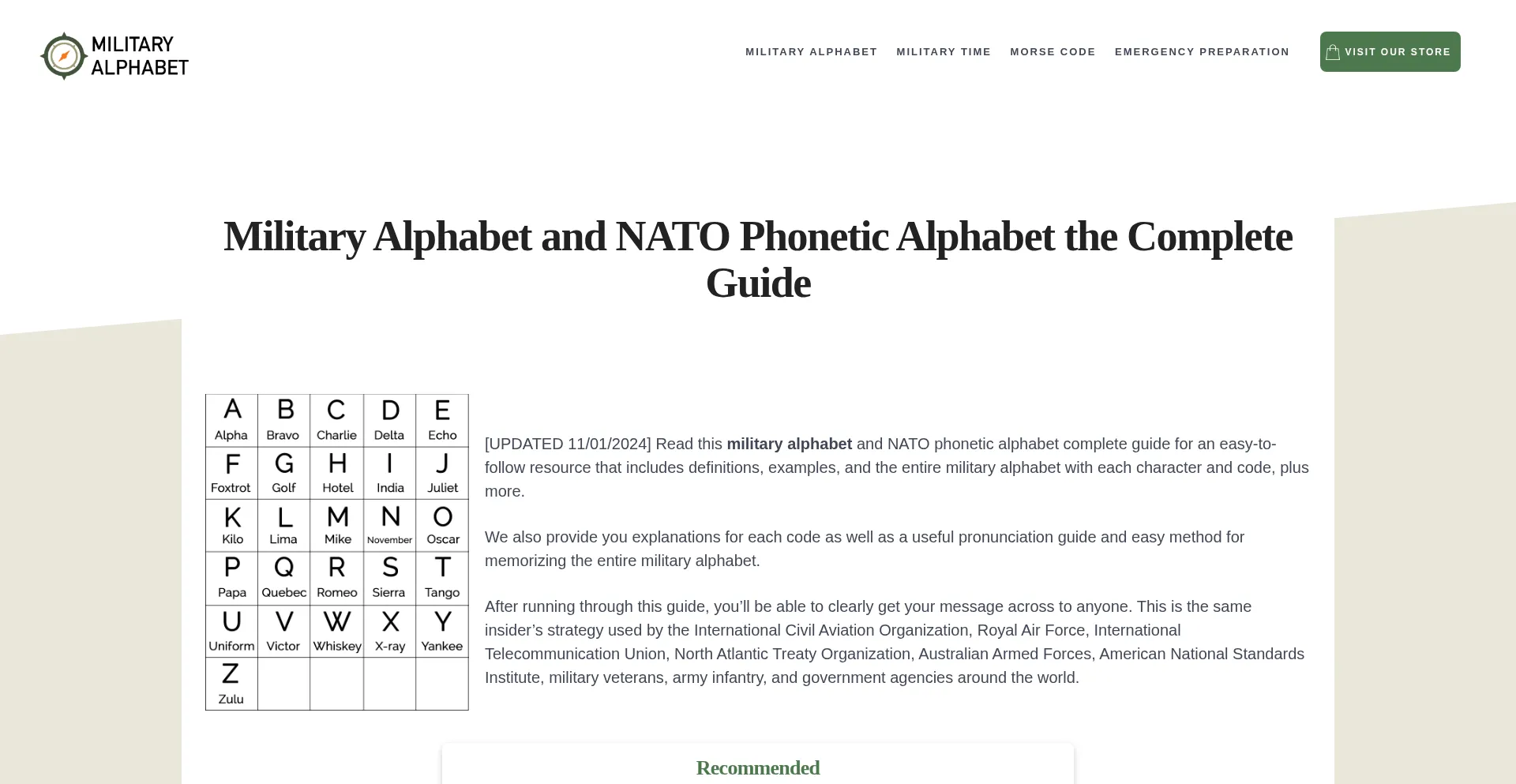 Website screenshot of Militaryalphabet.net