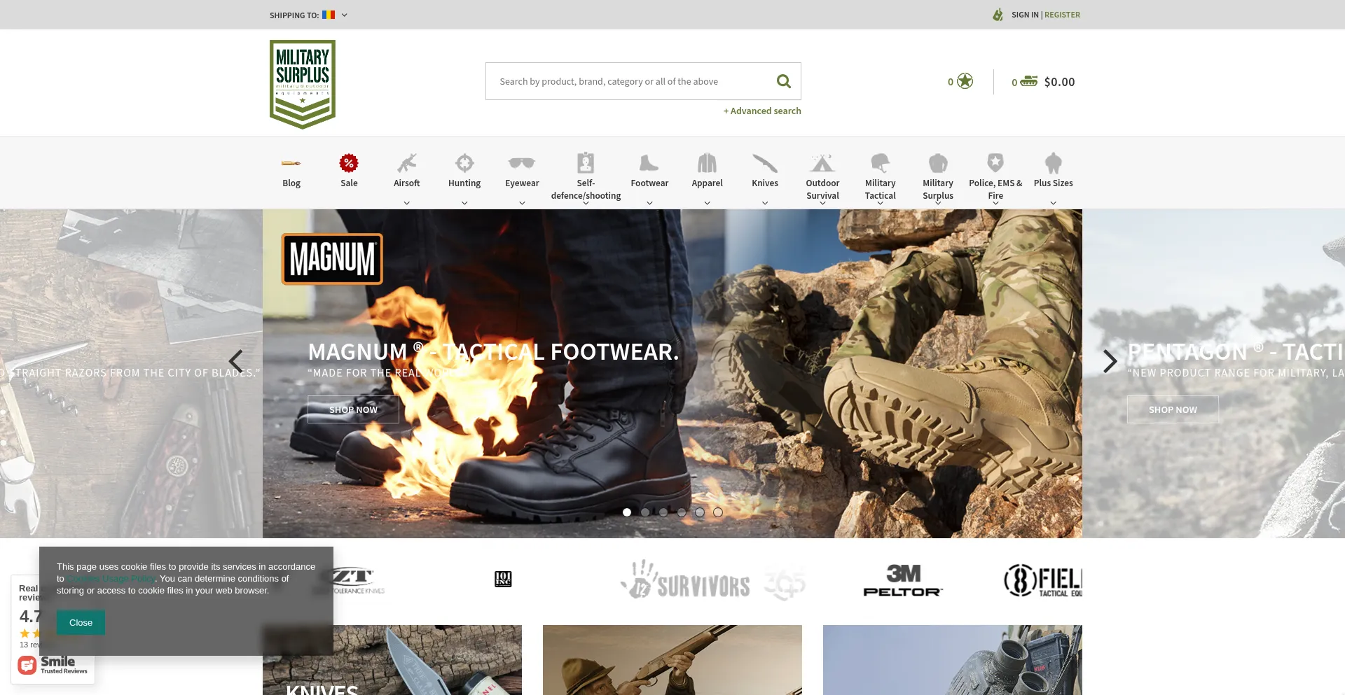 Website screenshot of Militarysurplusworld.com