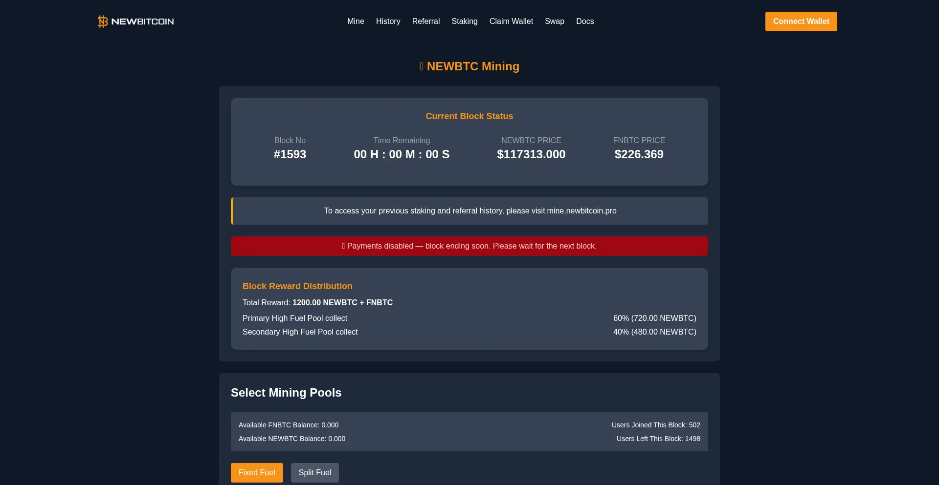 Website screenshot of Mining.newbitcoin.pro