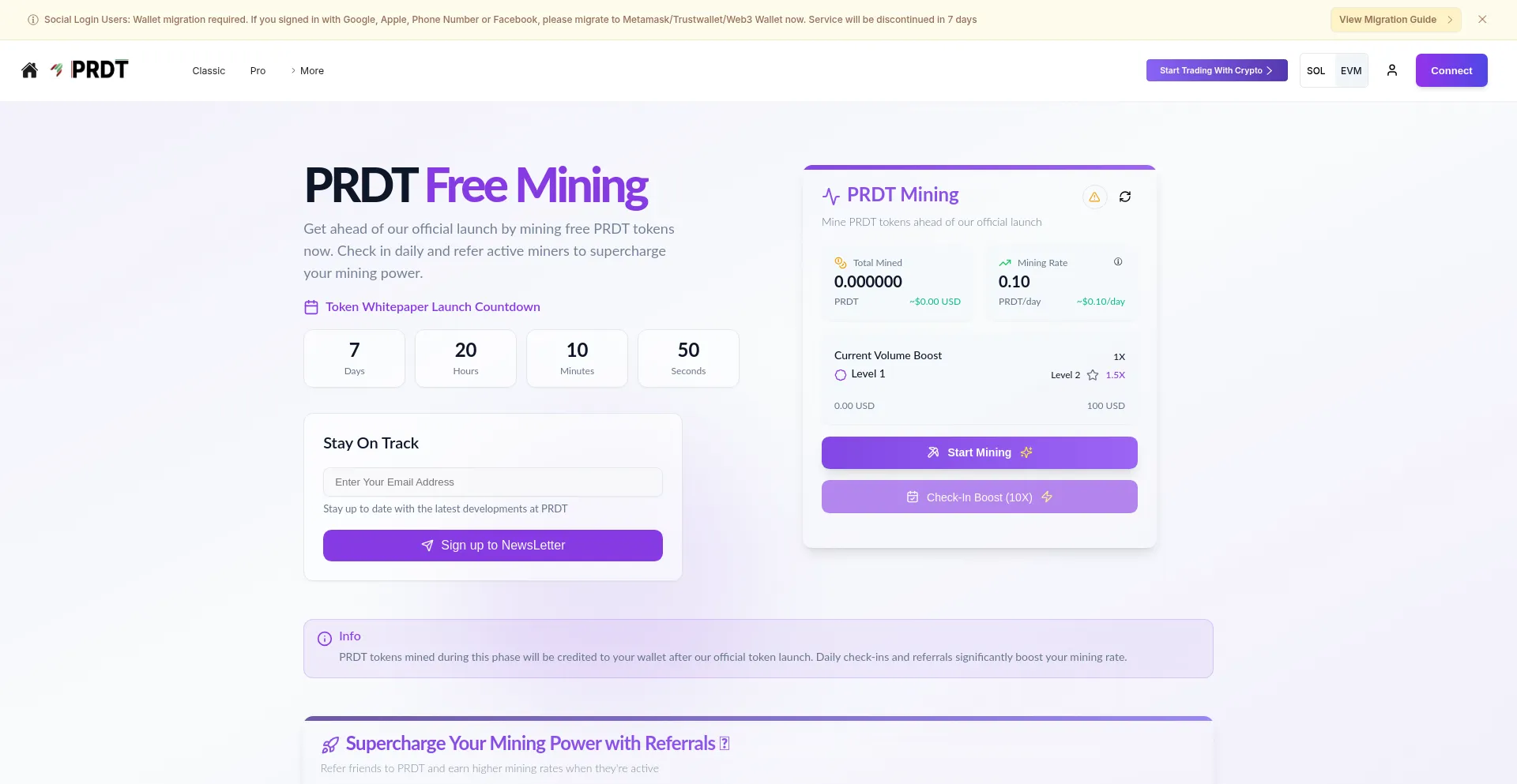 Website screenshot of Mining.prdt.finance