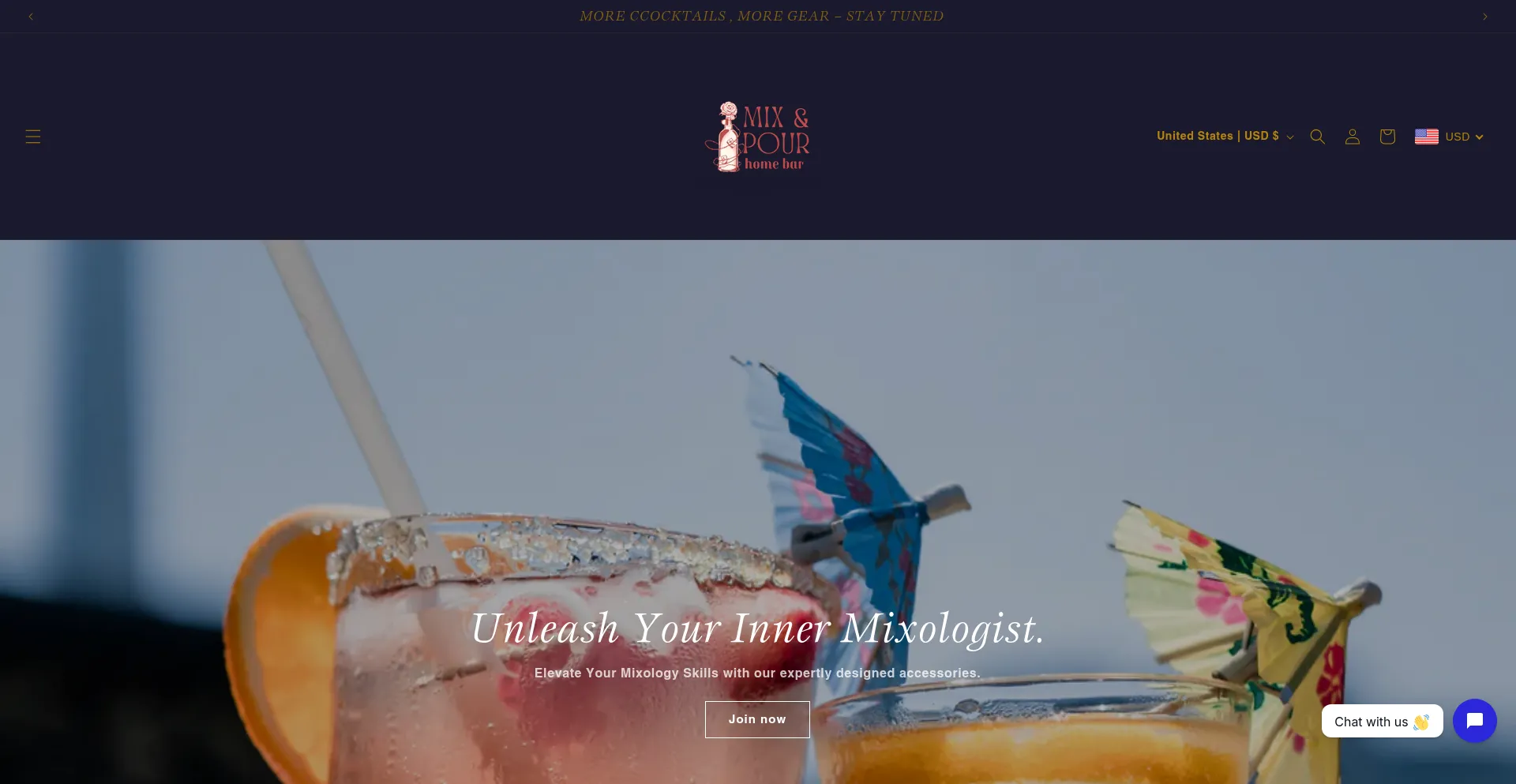 Website screenshot of Mixandpourbar.com