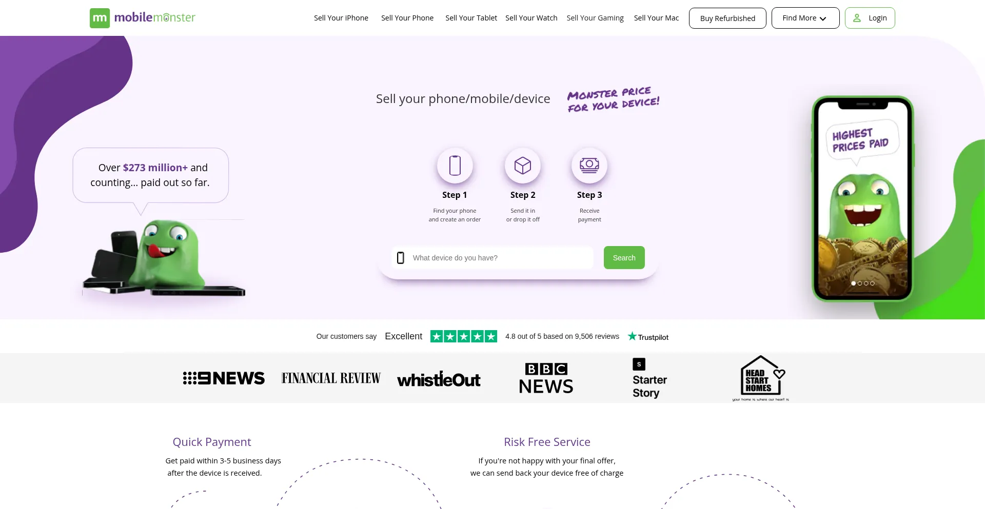 Website screenshot of Mobilemonster.com.au