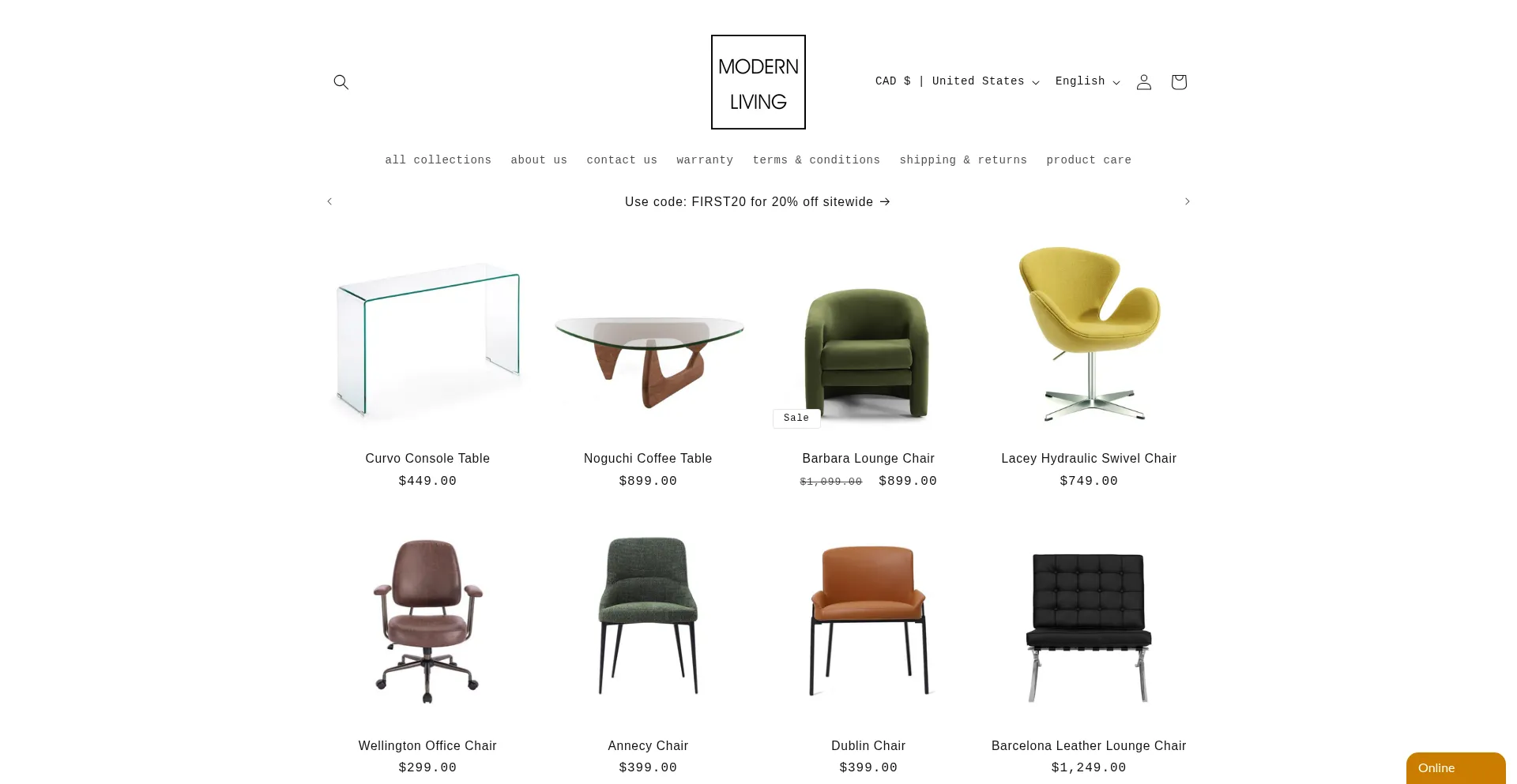 Website screenshot of Modernliving.ca