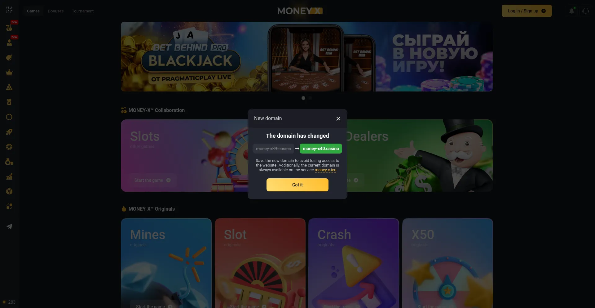 Website screenshot of Money-x40.casino