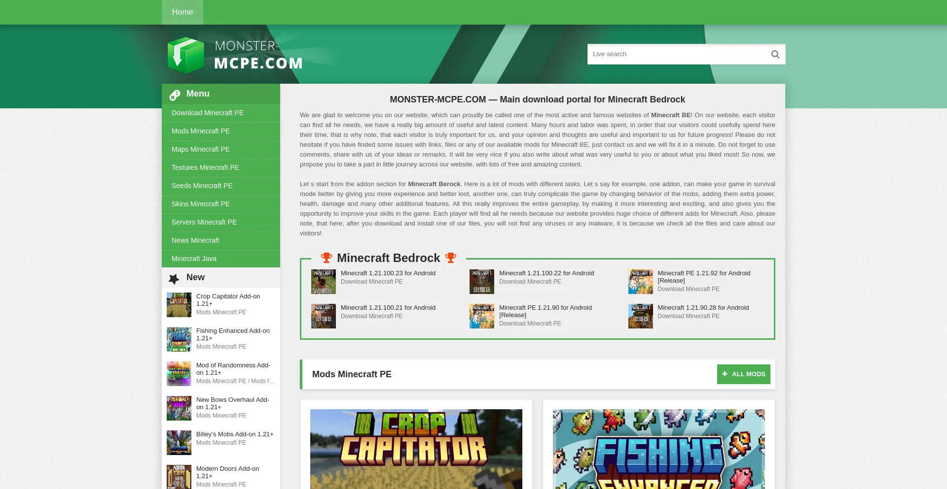 Website screenshot of Monster-mcpe.com