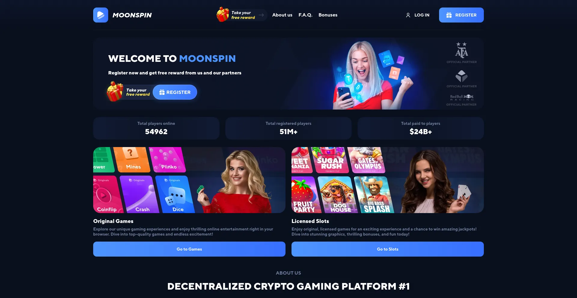 Website screenshot of Moonspin.bet