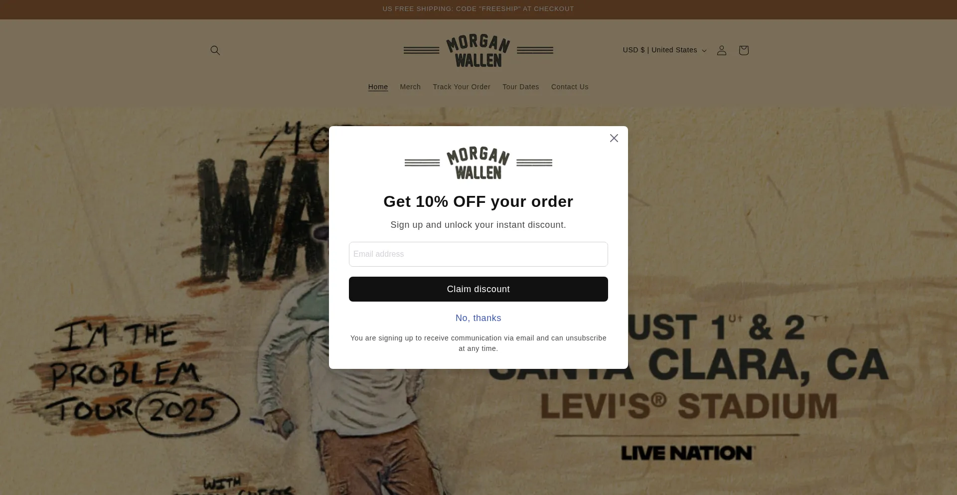 Website screenshot of Morganwallentourmerch.com