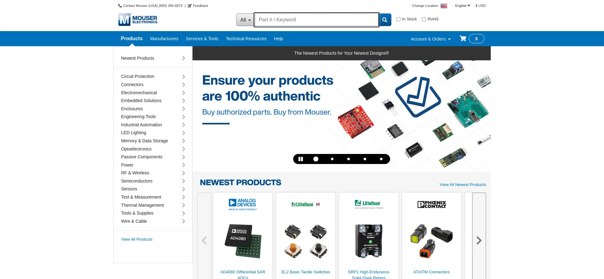 Website screenshot of Mouser.com