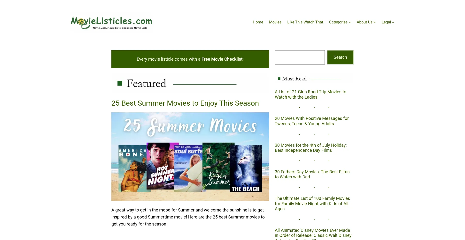 Website screenshot of Movielisticles.com