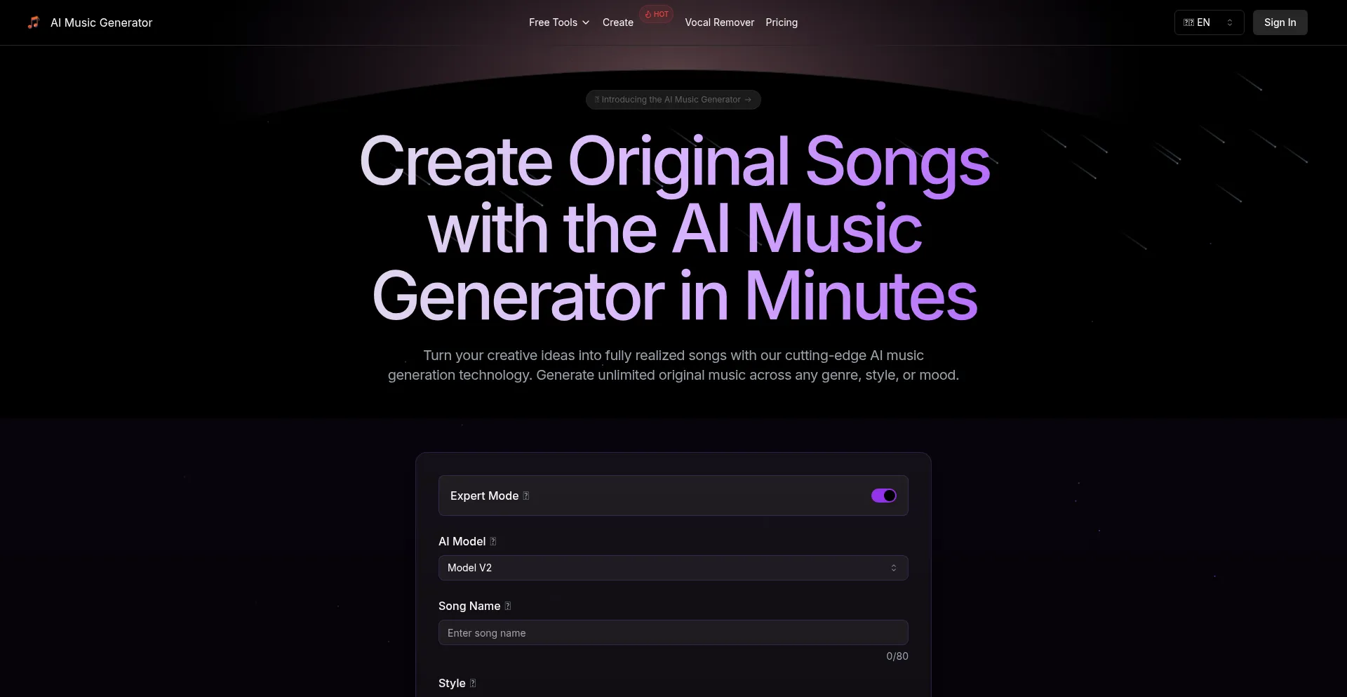 Website screenshot of Musicgeneratorai.com