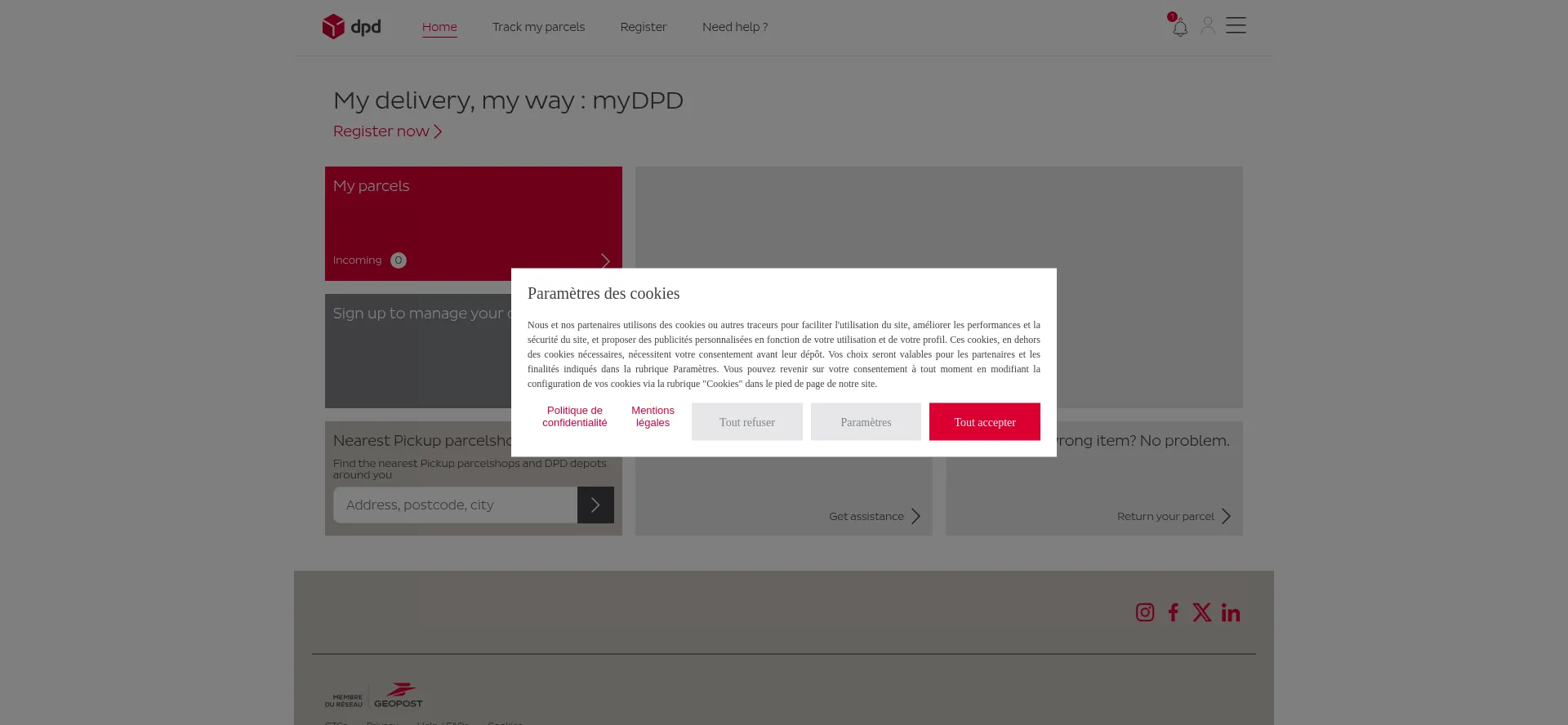 Website screenshot of My.dpd.fr
