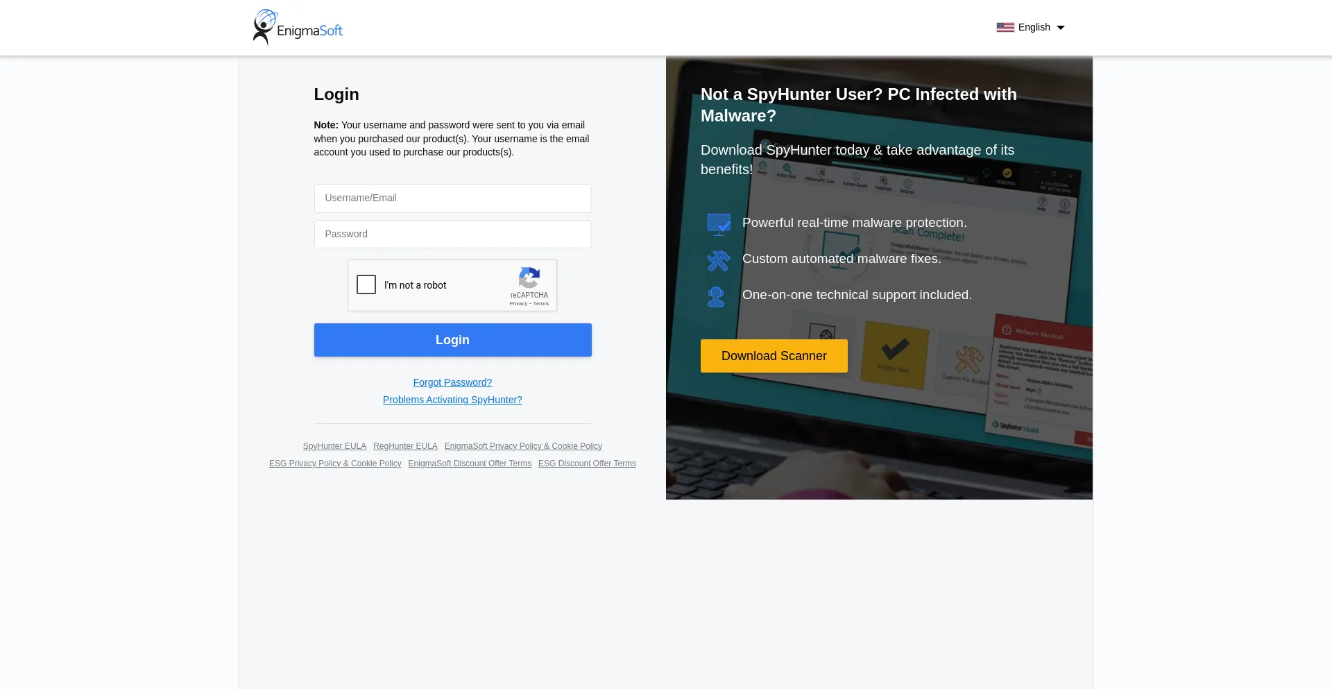 Website screenshot of Myaccount.enigmasoftware.com