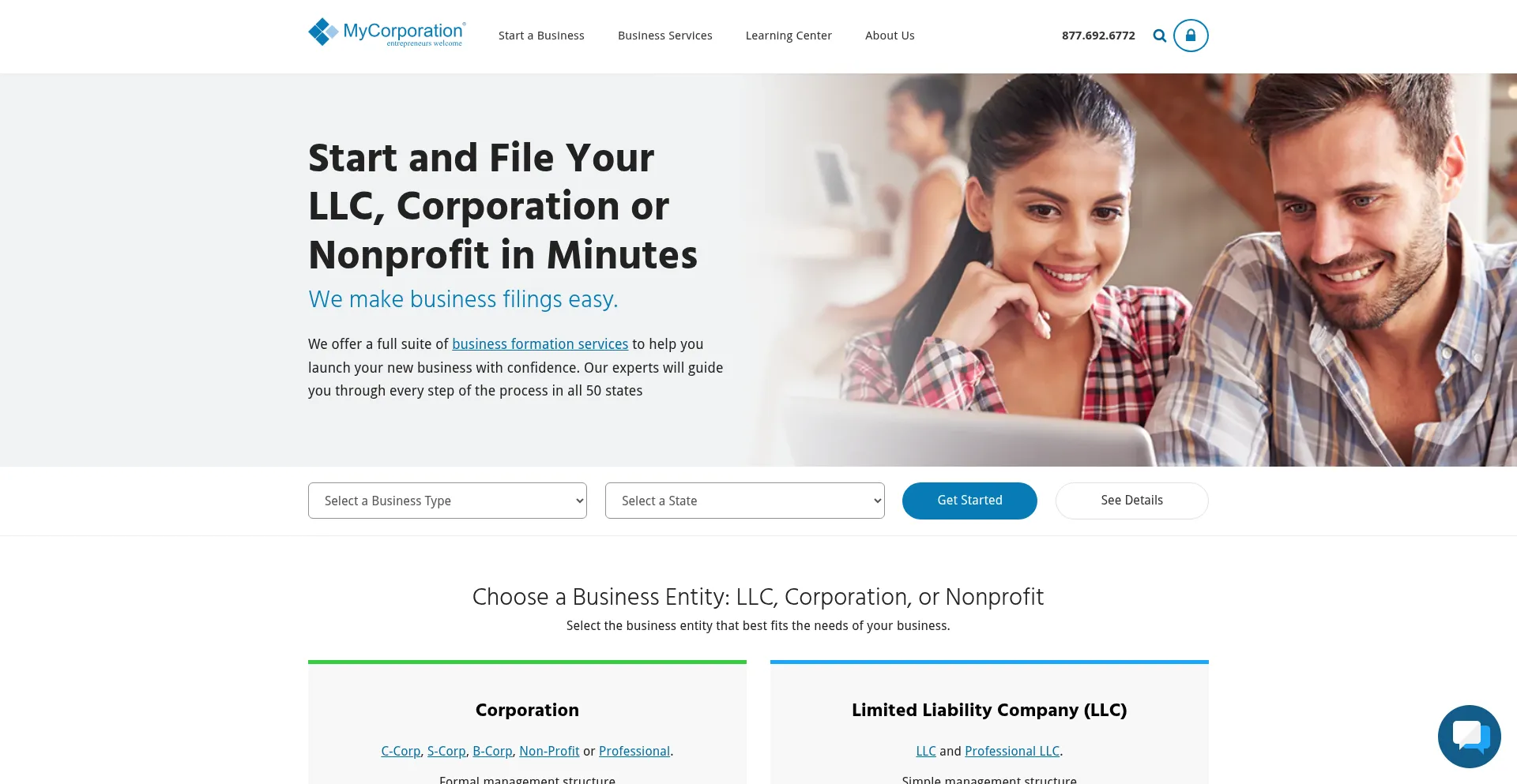 Website screenshot of Mycorporation.com