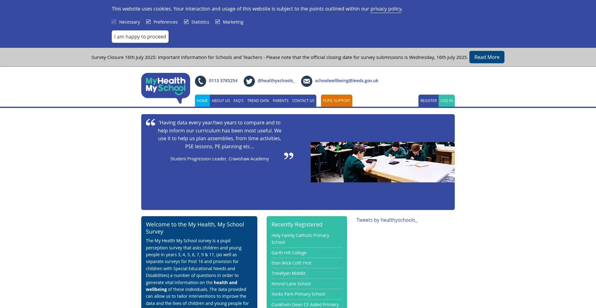 Website screenshot of Myhealthmyschoolsurvey.org.uk