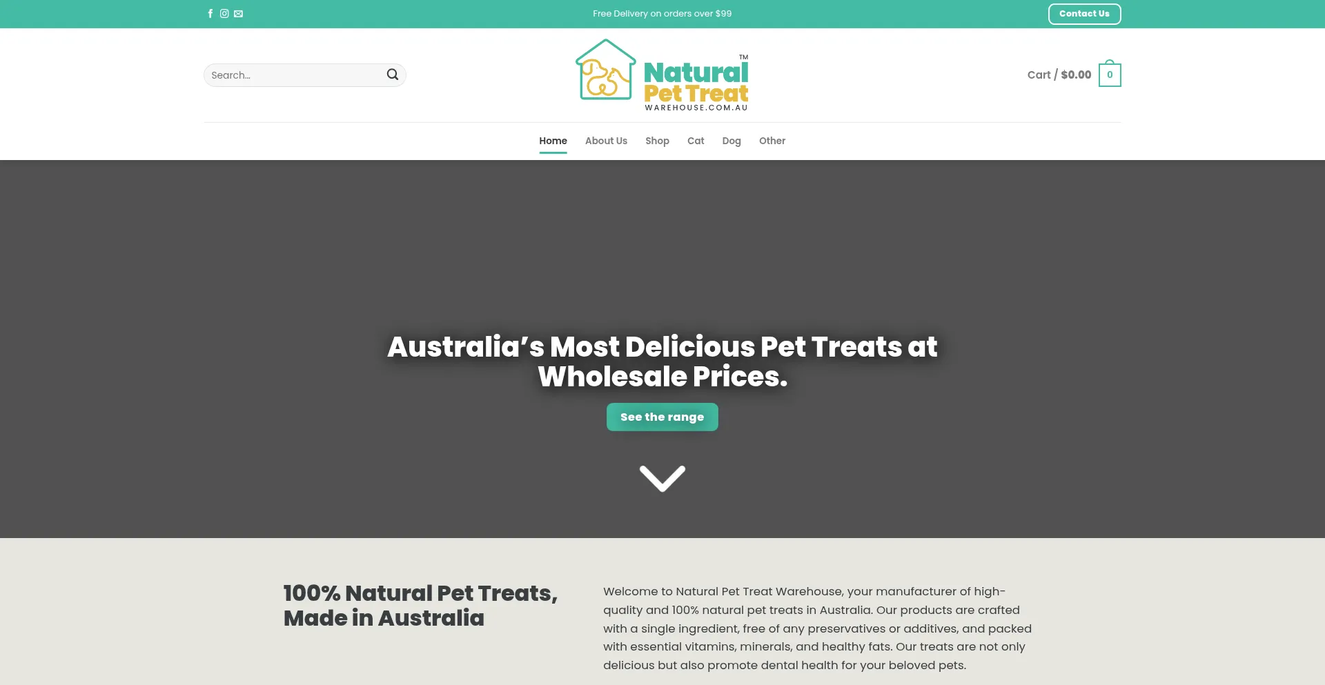 Website screenshot of Naturalpettreatwarehouse.com.au
