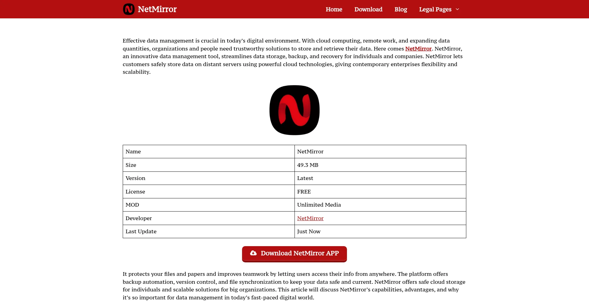 Website screenshot of Netmirror-app.com