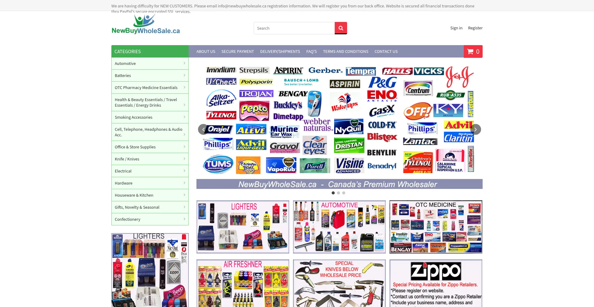 Website screenshot of Newbuywholesale.ca