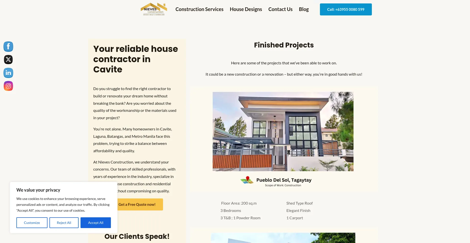 Website screenshot of Nievesconstructionservices.com
