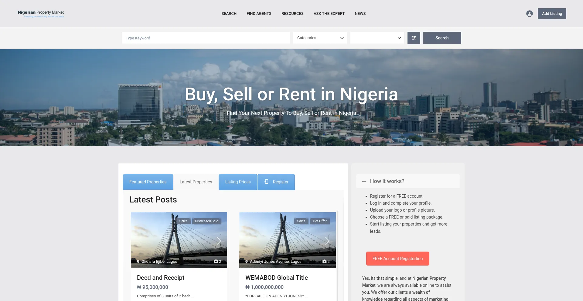 Website screenshot of Nigerianpropertymarket.com