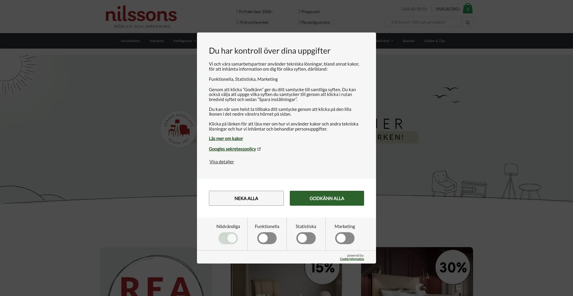 Website screenshot of Nilssonsmobler.com