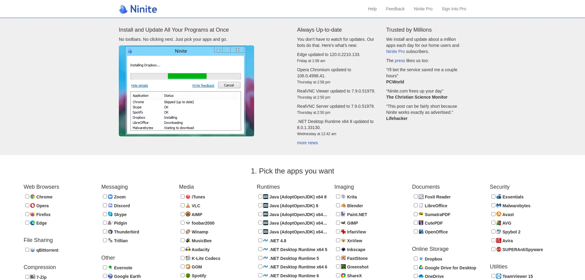 Website screenshot of Ninite.com