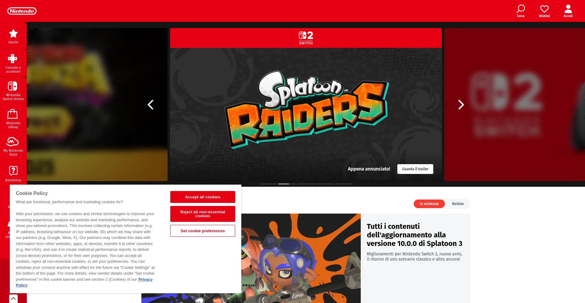 Website screenshot of Nintendo.it
