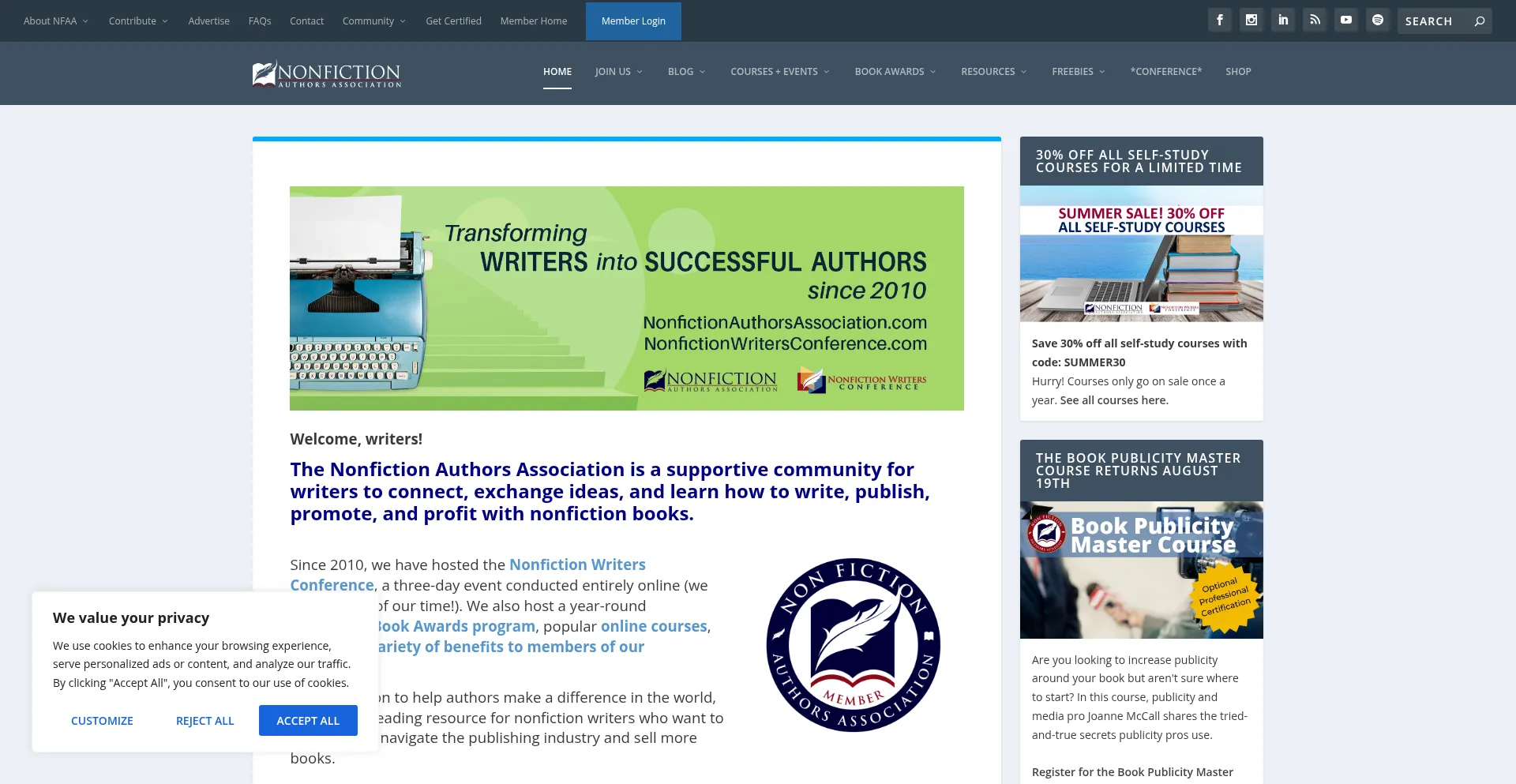 Website screenshot of Nonfictionauthorsassociation.com
