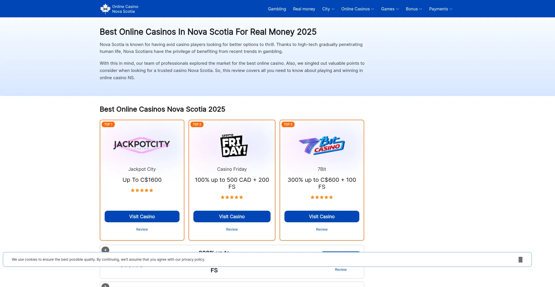 Website screenshot of Novascotiacasino.com