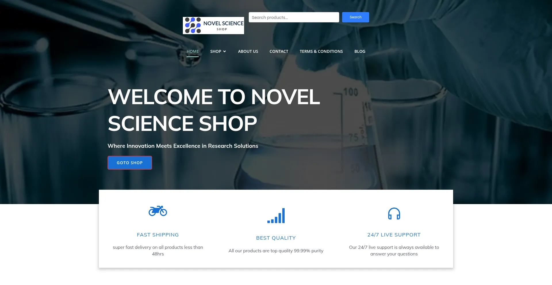 Website screenshot of Novelscienceshop.us