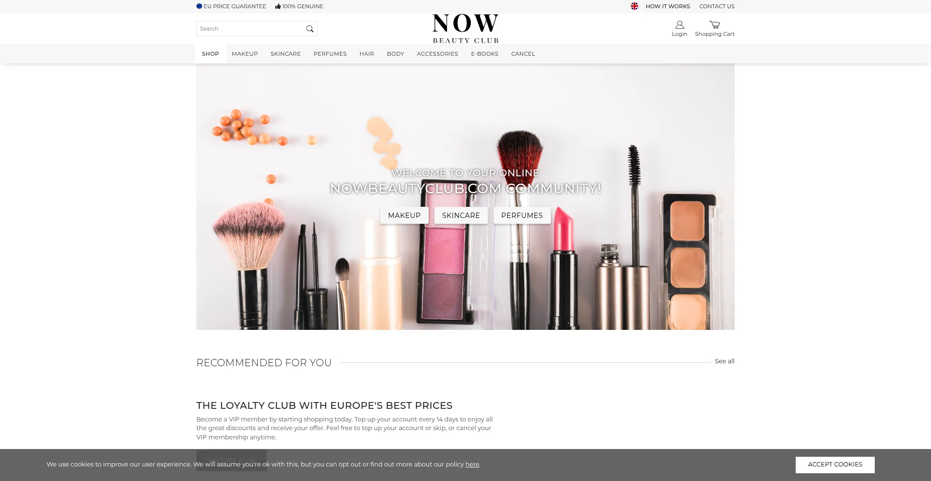 Website screenshot of Nowbeautyclub.com