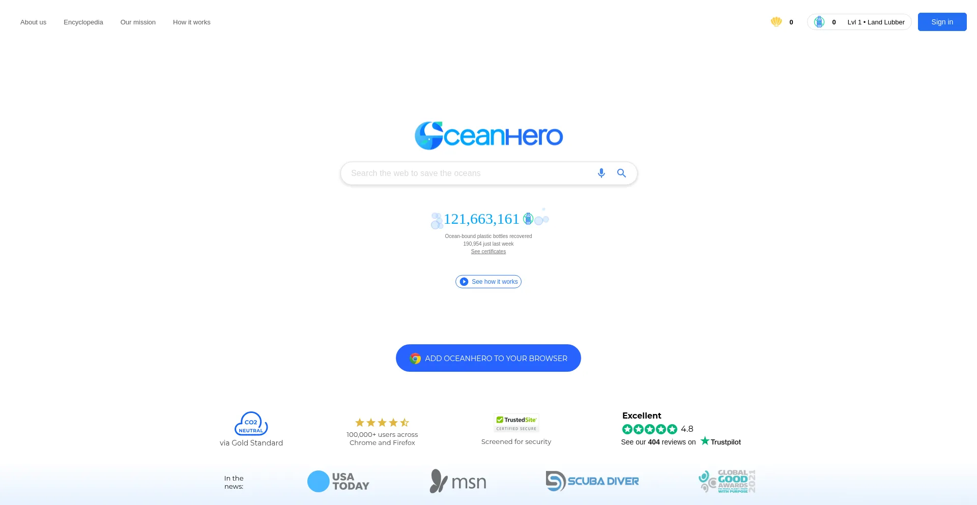 Website screenshot of Oceanhero.today