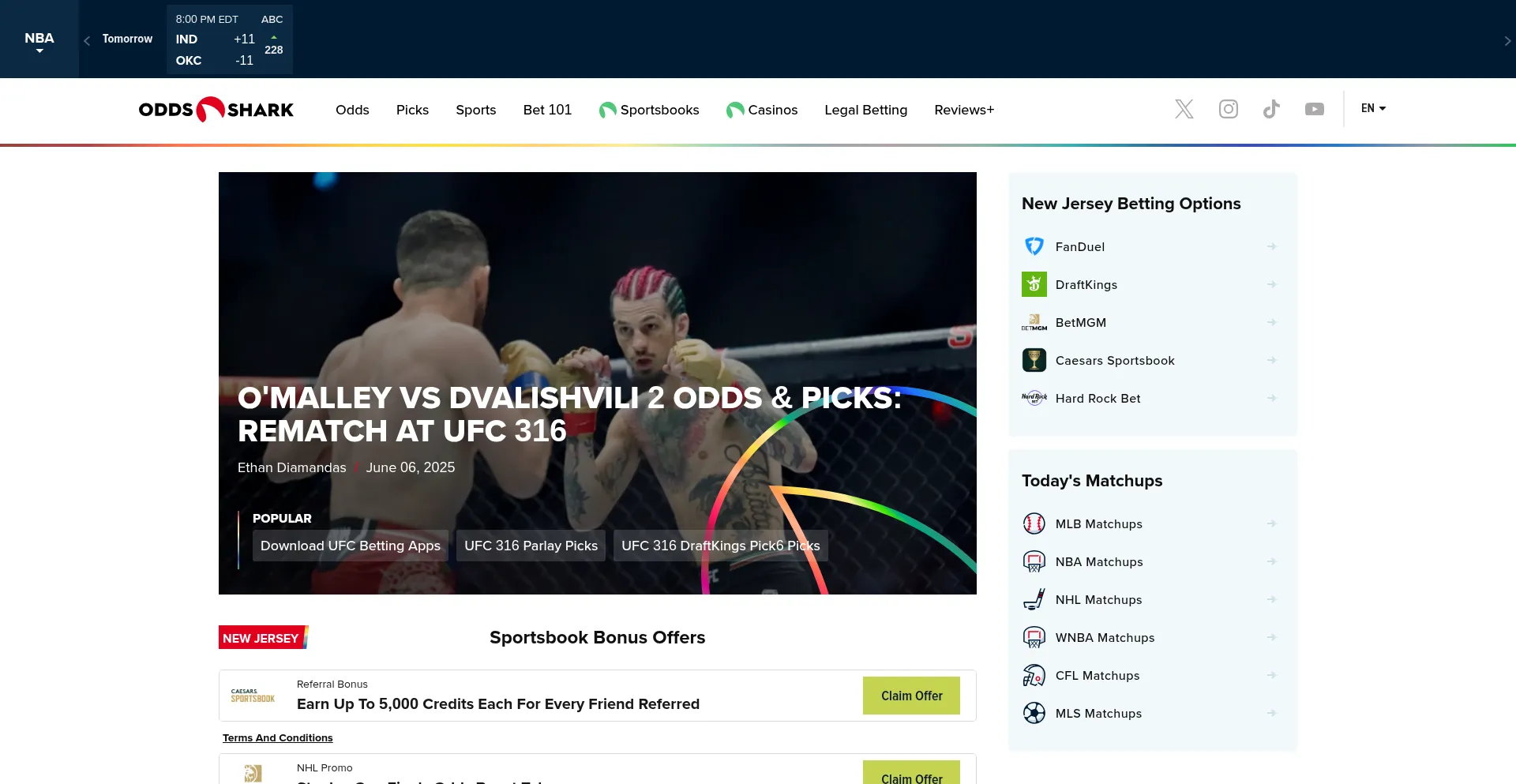 Website screenshot of Oddsshark.com